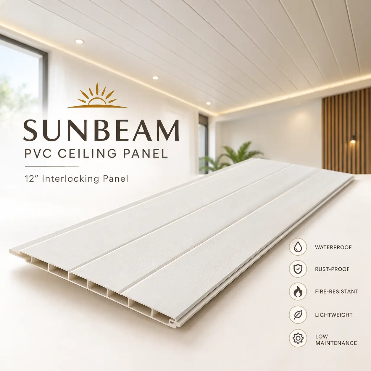 Sunbeam 12-inch interlocking PVC ceiling panel in white